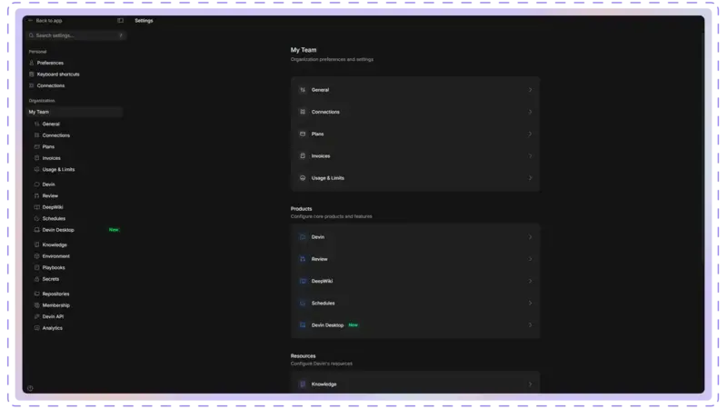 Devin settings connection