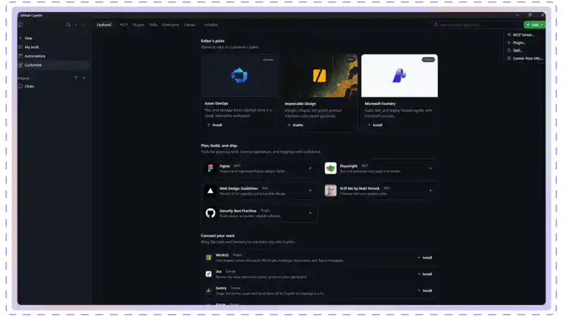GitHub Copilot customize page