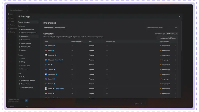 Replit integrations page