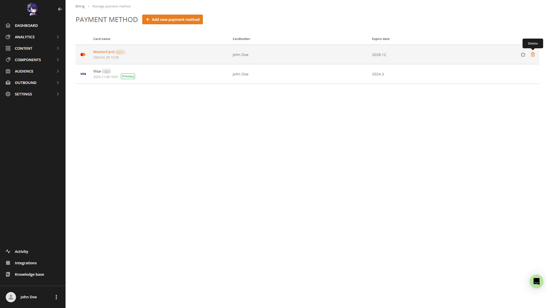 Delete payment method Delete payment method