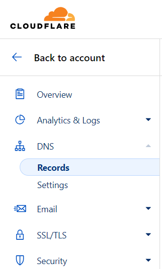 Navigate to DNS settings on Cloudflare Navigate to DNS settings on Cloudflare