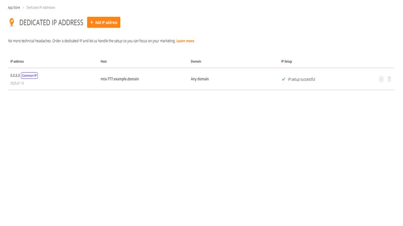 Status of successful completion of the dedicated IP address setup process