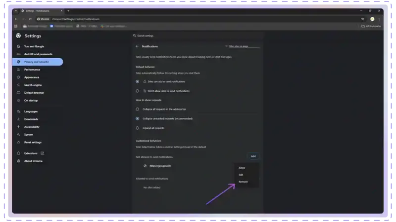 Google Chrome remove not allowed site