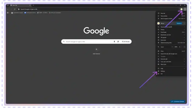 Google Chrome settings navigation
