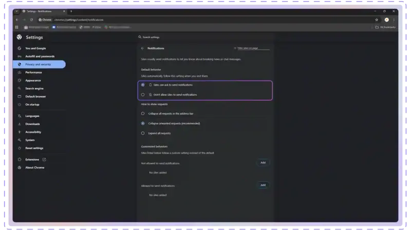 Google Chrome notifications settings