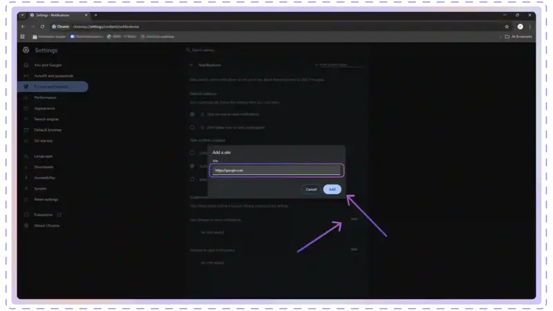 Google Chrome add not allowed site