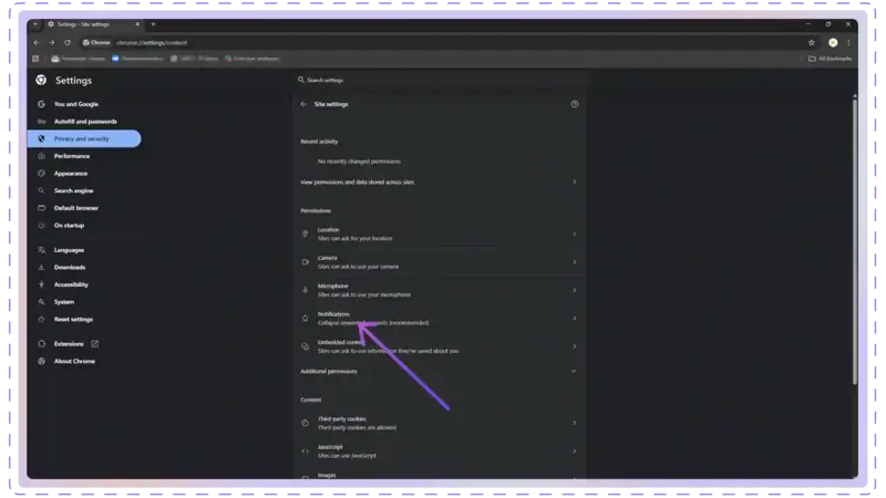 Google Chrome site settings